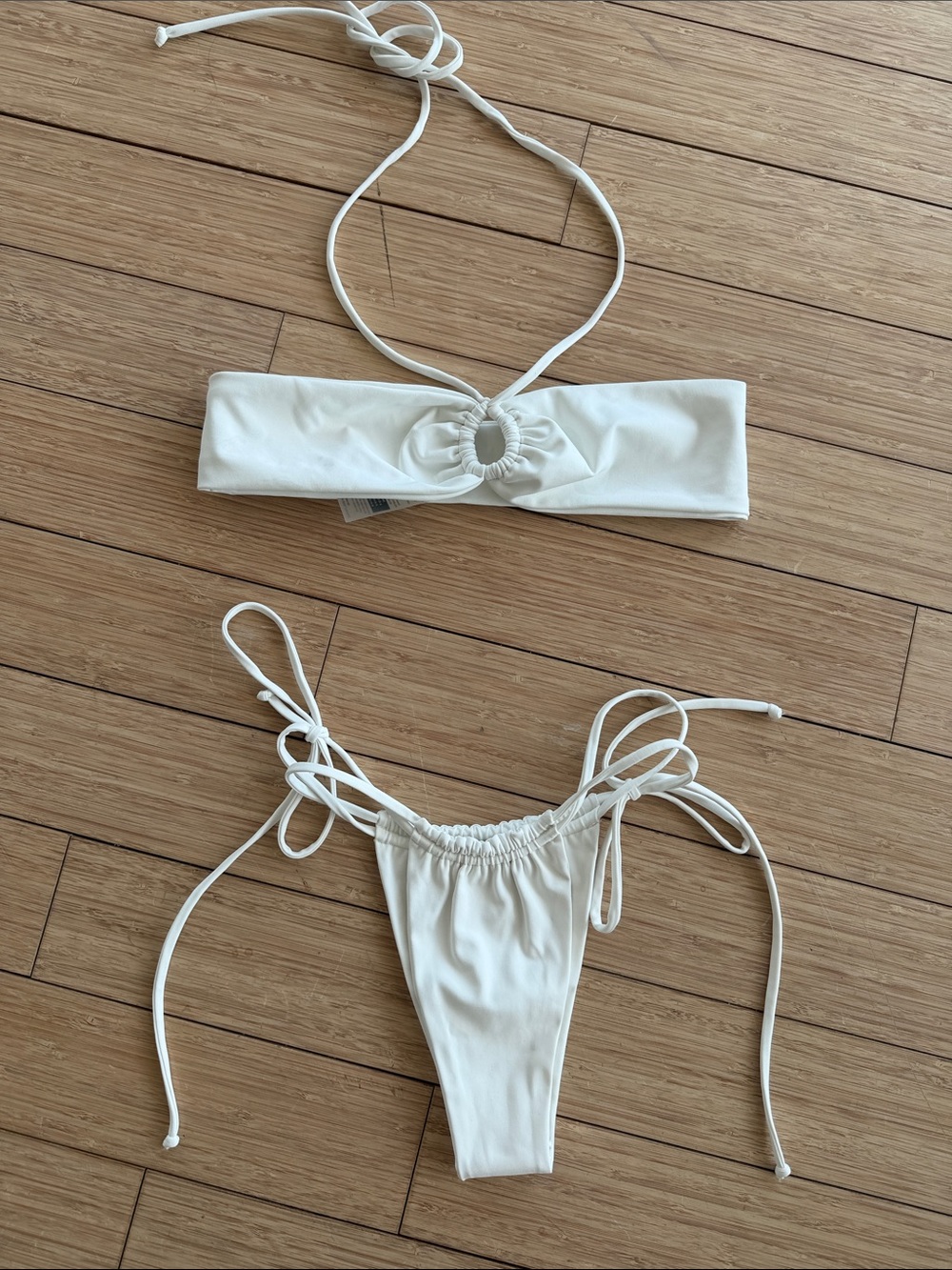 Port De Bras White Ring-Detail Bandeau Bikini Top with Tie-Side Bottoms